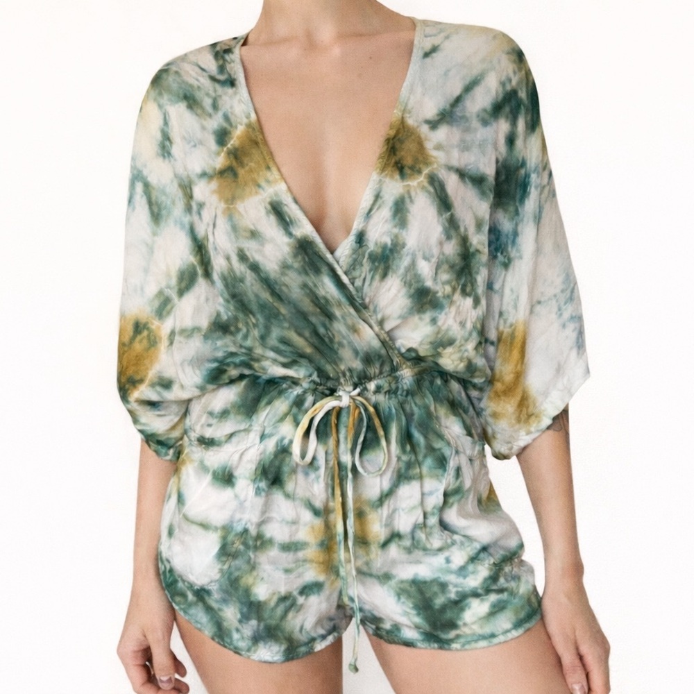 Young Fabulous & Broke Tie Dye Wrap Romper Green Boho Festival XS